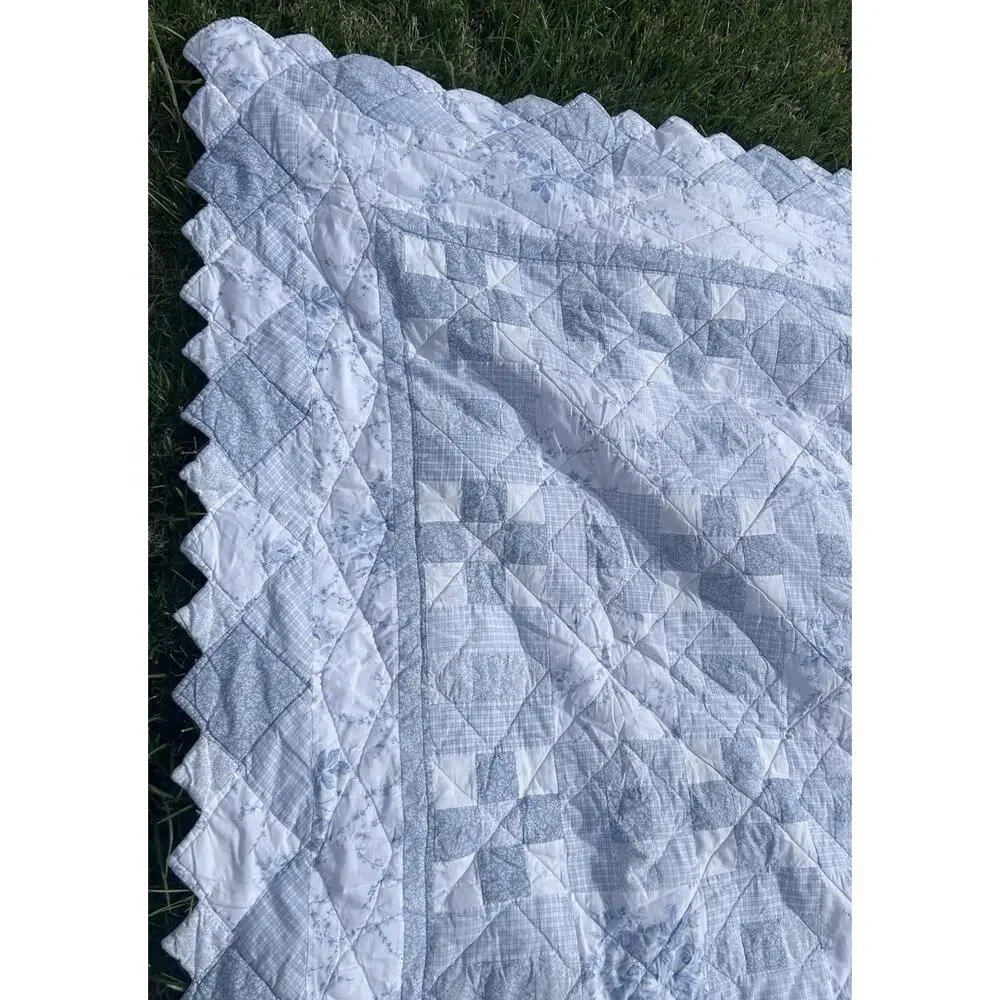 Vintage Laura Ashley Blue White Patchwork Quilt Full Queen 2 Shams 1990s